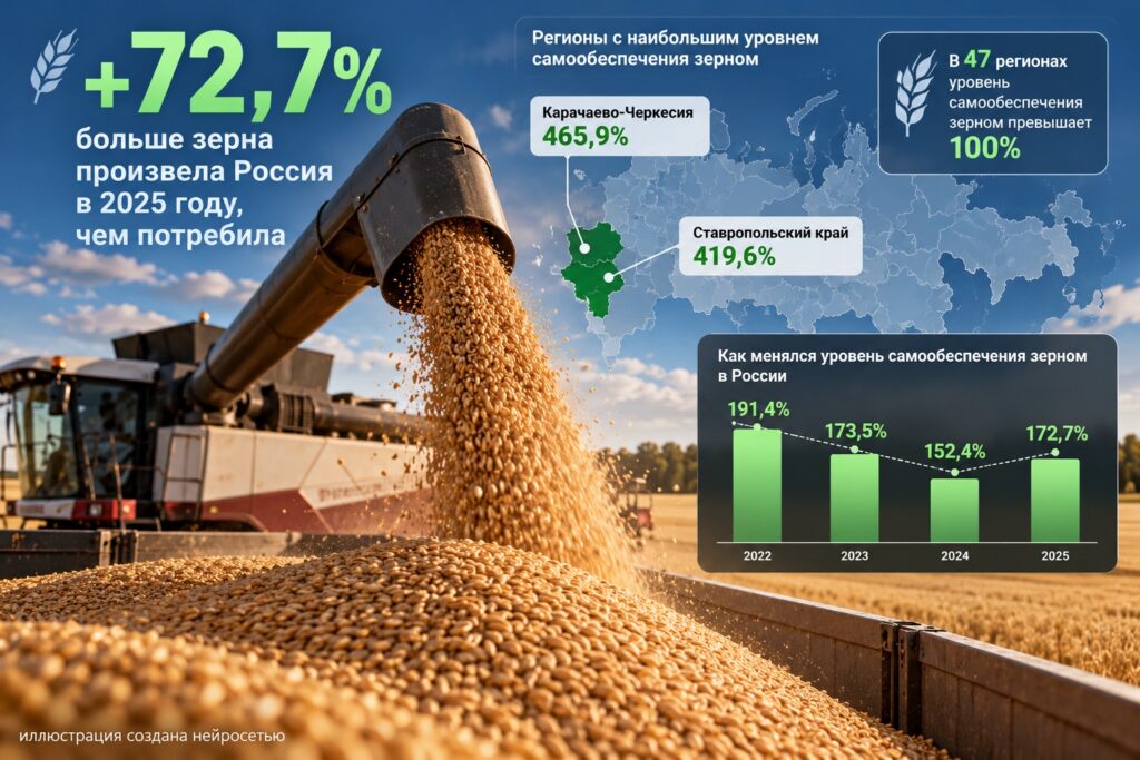 Производство зерна в России превысило внутренние потребности на 72,7%